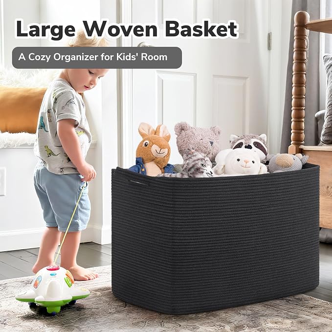 Goodpick 105L Extra Large Woven Rope Blanket Basket, Rectangle, Black - Image 2