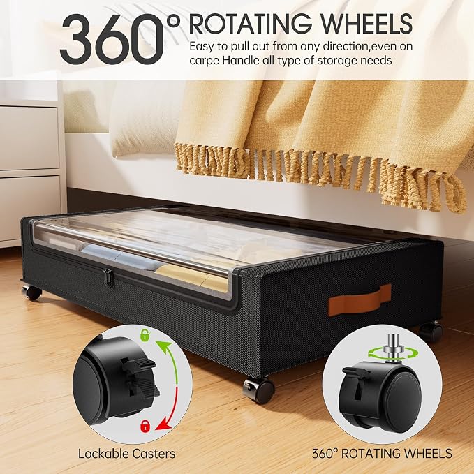 Yecaye Under Bed Storage with Wheels 60L, 2 Pack Under Bed Storage Containers, Underbed Shoe Storage with Clear Window & Label, Rolling Under Bed Metal Drawer for Clothes, Shoes, Books, Black - Image 3