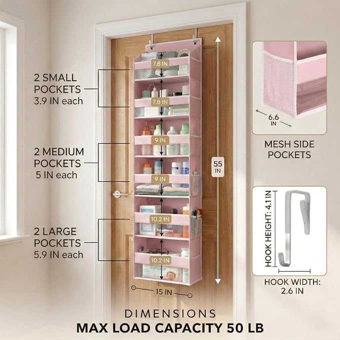 HOMELUX THEORY Over the Door Organizer, 6-Tier, 100D Fabric, Baby Pink 1pc | Over the door shoe organizer, 50 lbs capacity, 12 side mesh pockets, 100D extra thick fabric, Closet & entryway storage - Image 3