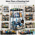 Cleaning Supplies Organizer Cart with Wheels, Broom and Mop Holder with 5 Grippers, 6 Hooks, 3 Shelves, Rolling Broom Closet Storage Rack for Laundry Room, Kitchen, Bathroom, Garage, Poolside - Image 6