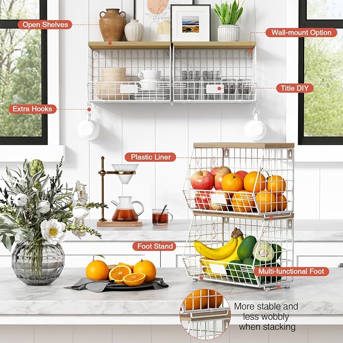 Goozii White Fruit Storage Basket for Kitchen Counter Set of 2, Wall Mount Wire Fruit Basket with Shelf with Banana Hanger, Hanging Countertop Organizer for Bathroom Pantry Cabinet, White + Natural - Image 6