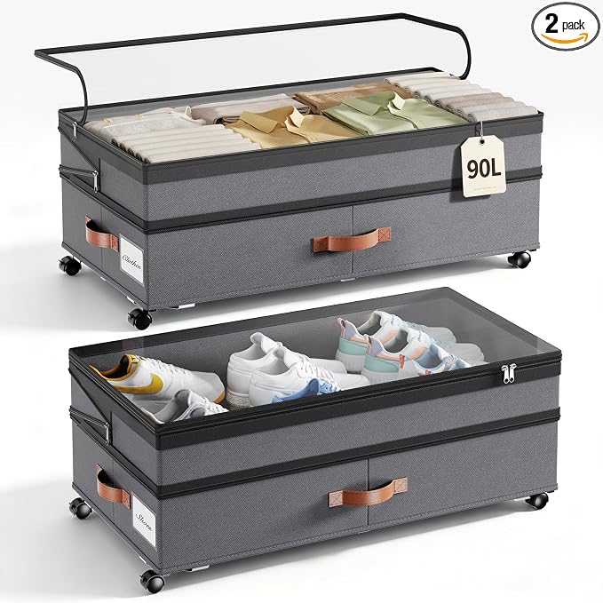 Yecaye 90L Under Bed Storage with Wheels, Height Adjustable, 2 Pack, Grey by Yecaye