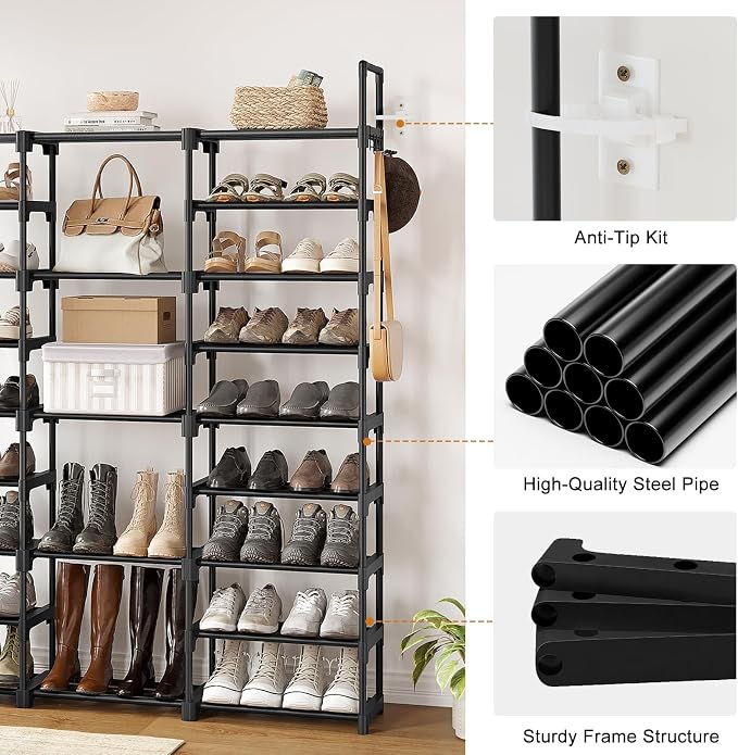 WOWLIVE 9 Tier 3-Column Shoe Rack, 50-55 Pairs Stackable Black - Image 7