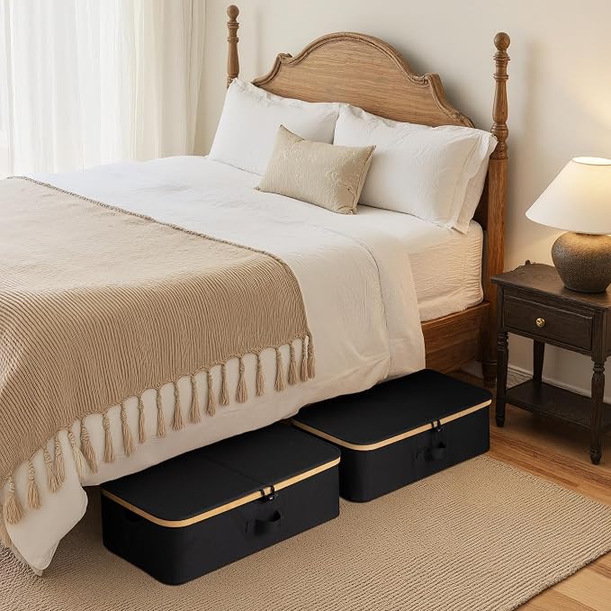 StorageWorks 7" Low Profile Underbed Storage Containers with Bamboo Frame | Strong Frame Resists Sagging, Buckle Flip-Top Lid, Fabric Handles, Foldable Stackable, for Blankets, Sheets, and Clothes - Image 2