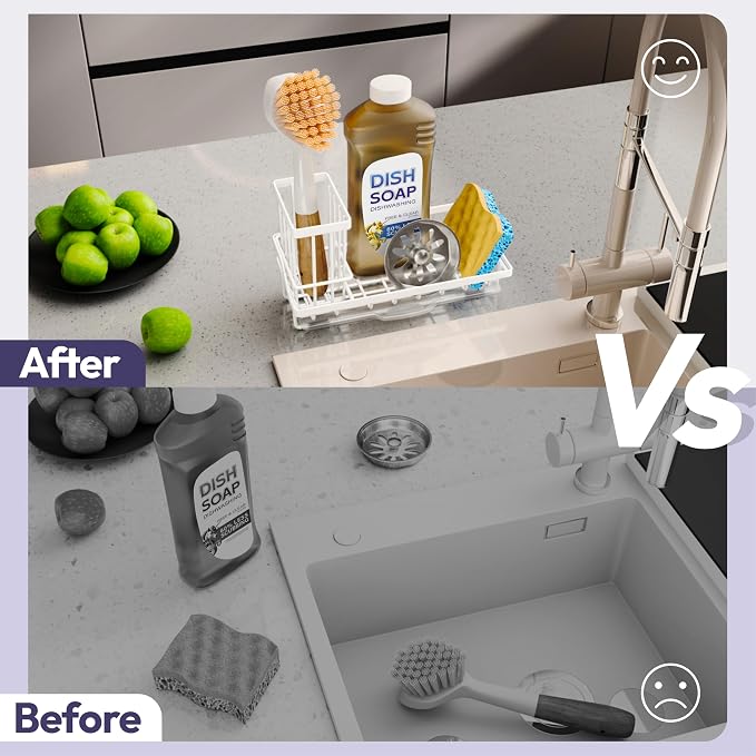SWTYMIKI Sink Caddy Sponge Holder - Kitchen Sink Organizer with High Brush Holder for Countertop to Hold Dish Soaps and Sponges, Stainless Steel, White - Image 6
