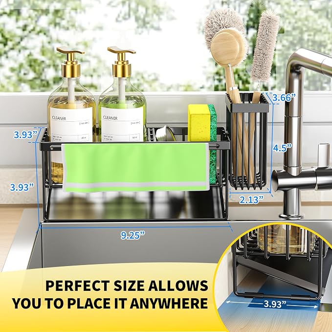 Cisily Kitchen Sink Caddy Organizer with High Brush Holder, Sponge Holder for Sink, 304 Rustproof Stainless Steel, Countertop Soap Dispenser Organizer, Black with Towel Rack, 9.25 - Image 4