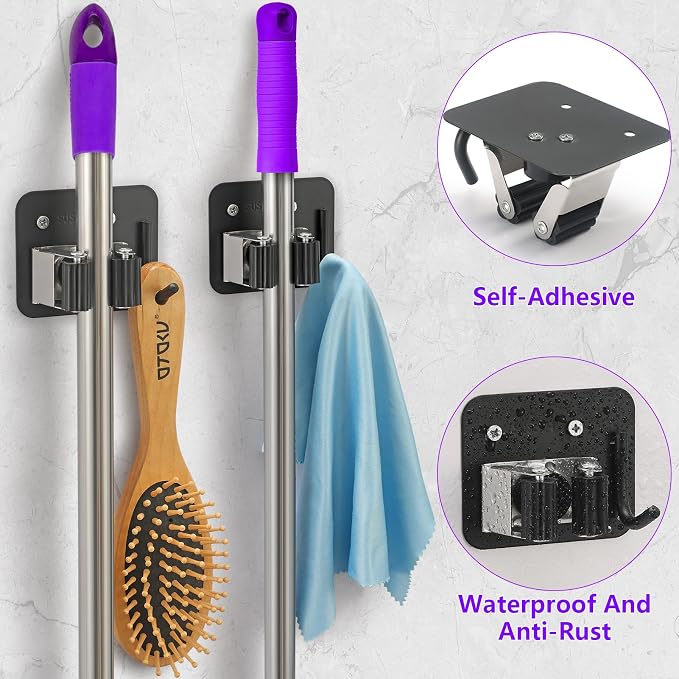 Broom Holder Wall Mount Rack, 304 Stainless Steel Mop and Tool Organizer - Image 4