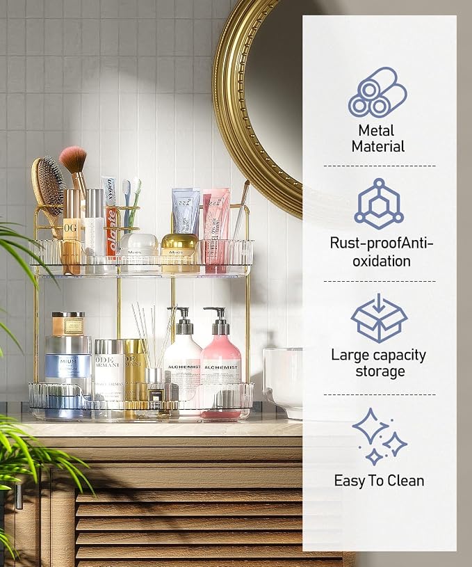 EUHOME 2-Tier Corner Bathroom Organizer Counter - Acrylic Makeup Skincare Organizer with Brush Holder, Perfume Tray for Countertop, Vanity, Dresser, Kitchen（Clear） - Image 6