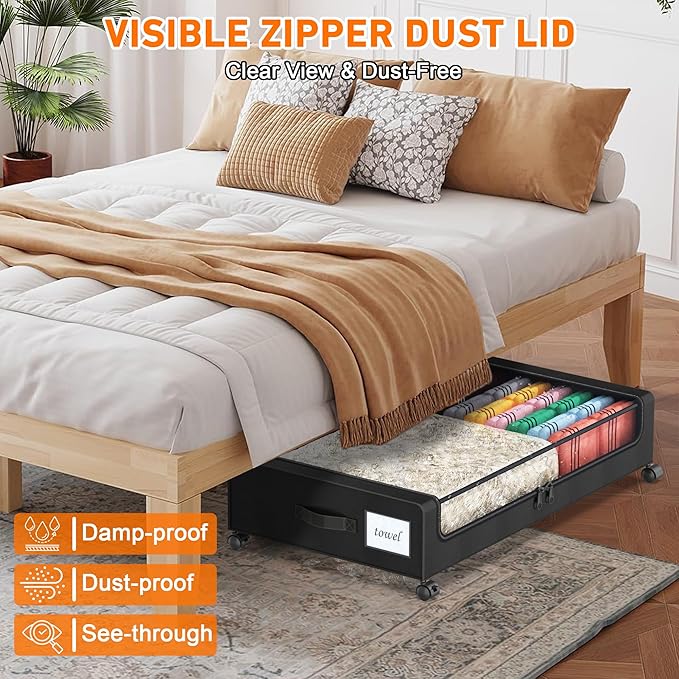Under Bed Storage with Wheels, 2 Pack Under Bed Storage Containers with Clear Lids, XXL 65L Under Bed Storage Organizer, Rolling Under Bed Metal Drawer for Blanket, Clothes, Shoes (31 x 17 x 6.69 in) - Image 6