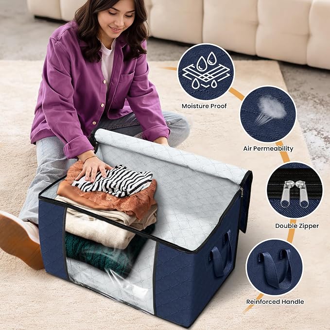 Fab totes 90L Clothes Storage, Foldable Thick Fabric Blanket Storage Bags | Foldable Containers with Zippers,Window and Handles for Organizing Bedroom, Closet, Comforter, Bedding,Dorm essentials - Image 4