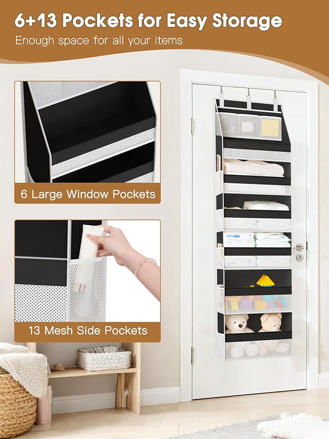 Criusia Over the Door Organizer, Heavy-Duty 6-Shelf Hanging Storage with 13 Mesh Pockets, 55lbs Capacity Behind the Door Storage for Nursery, Bathroom, Bedroom, and Dorm, Black - Image 5
