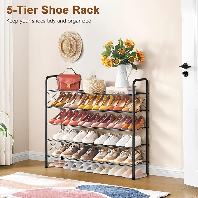 Hoctieon 5 Tier Mesh Style Shoe Rack, Entryway Shoe Shelf, Shoe Storage Organizer, Shoe Rack for Closet, Space Save for Bathroom, Garage, Hallway, Bedroom, Living Room, Black - Image 4