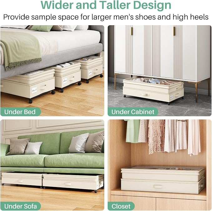 Kitstorack 4 Pack Height-adjustable Under Bed Storage with Wheels, Under Bed Storage Containers,Under Bed Shoe Storage Organizer with Clear Window&Label, Suitable for Clothes Storage, Beige - Image 7