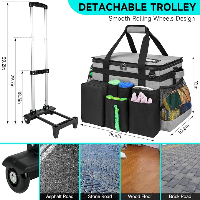 Cleaning Cadddy Bag with Rolling Cart, Large Cleaning Bag with Wheels - Image 3