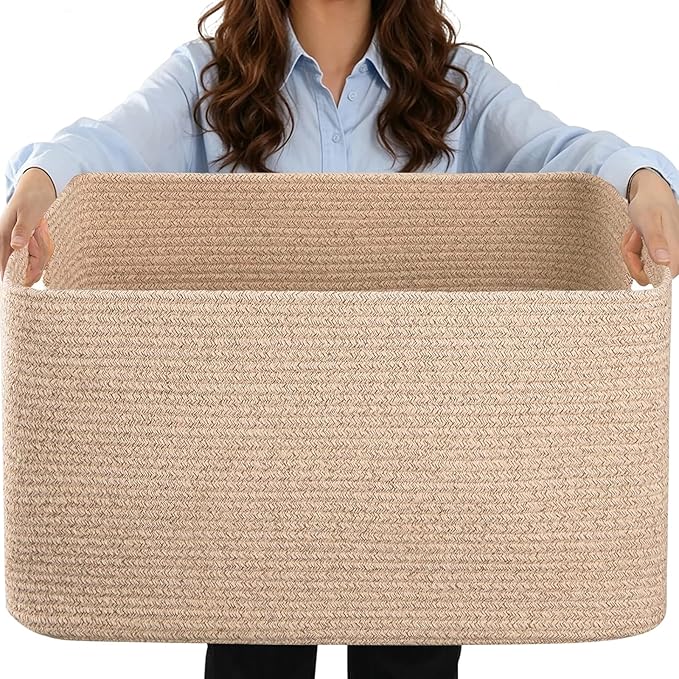 Large 75L Woven Laundry Basket, Collapsible Cotton Rope Storage Hamper for Blankets, Toys, Dirty Clothes, Rectangle Nursery Basket for Living Room, Bedroom, Baby Room - Brown by Hobasket