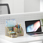EasyPAG Mesh Desk Organizer with Drawer Multi-functional Pen Holder Stationery Organizer for Office School Supplies 6 Compartments Dorm Organizers and Storage for Desk, Gold - Image 5