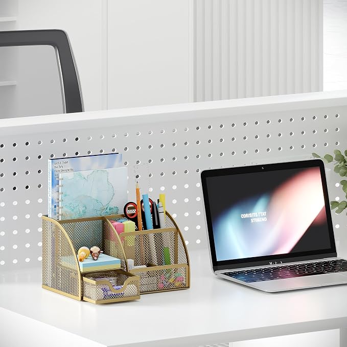 EasyPAG Mesh Desk Organizer with Drawer Multi-functional Pen Holder Stationery Organizer for Office School Supplies 6 Compartments Dorm Organizers and Storage for Desk, Gold - Image 5