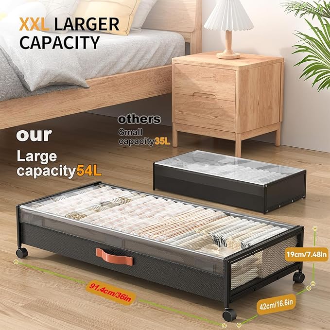 Under Bed Storage Containers with Wheels Large Underbed Shoes Blankets Clothes Toy Storage Drawers for College Dorms Bedrooms Nursery Rooms Organization (Black 2 Pack, 7.5in height(36"x16.6"x7.48")) - Image 2