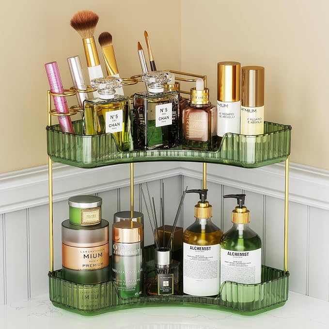 EUHOME 2-Tier Corner Bathroom Counter Organizer Makeup Cosmetic Storage, Tool-Free Installation Acrylic Vanity Shelf, Skin Care Organizer Perfume Tray for Countertop Bathroom, Dresser, Kitchen (Green) - Image 8