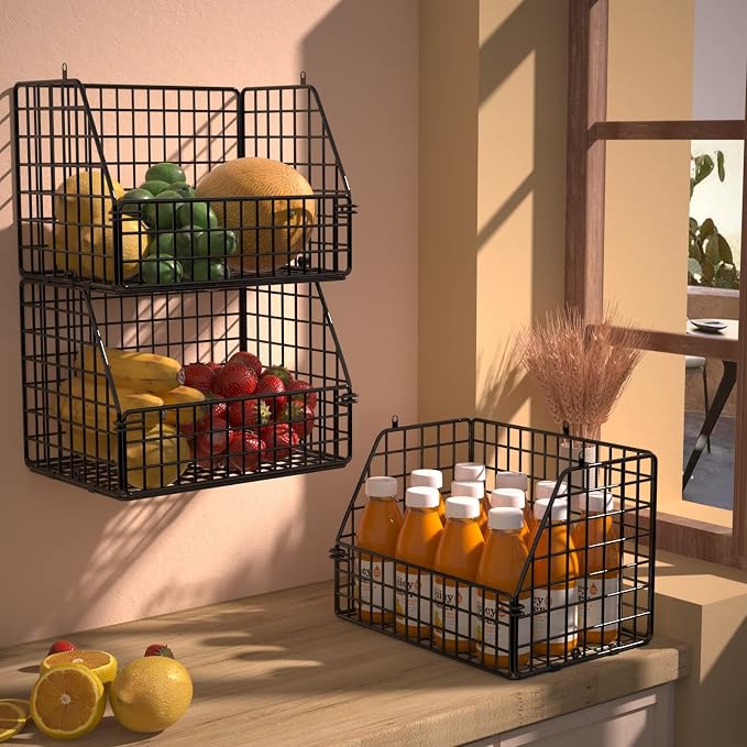 PUPPYCUTE Stackable Wire Storage Baskets for Kitchen Closet Pantry, Hanging Closet Organizers Storage Shelves Organization, Wall Mount Metal Basket Bins, Clothing Vegetable & Fruit Organizer 3 pcs - Image 3
