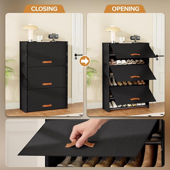 6-Tier Shoe Storage Cabinet with Fabric Cover, Hard Flip Doors, Holds 18–24 Pairs, Enclosed Dustproof Shoe Rack Organizer for Entryway, Closet & Bedroom, Shoe Shelf, Black, 27.8" x 12.0" x 41.9" - Image 7