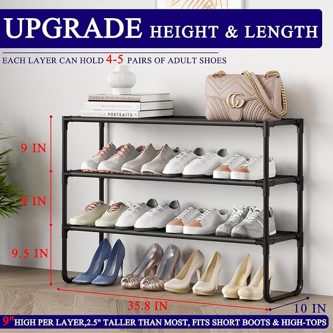 Long Shoe Rack, 3-Tier Stackable Shoe Organizer for Closet, Entryway, Hallway, Extra Bottom Layer, Holds 16-20 Pairs, Sturdy & Durable Waterproof Fabric Shelf, Space-Saving,Black(35.8" Wide) - Image 2