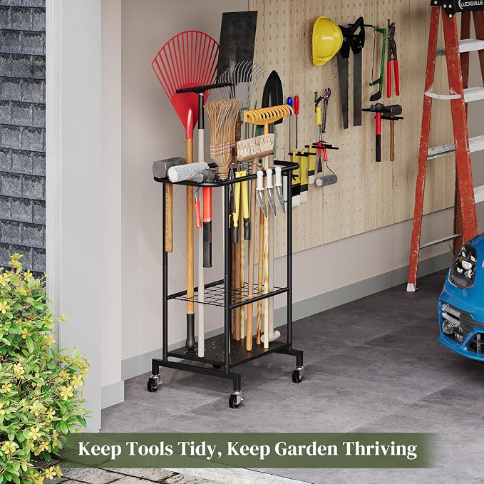 Rolling Garden Tool Organizer, Heavy Duty Steel Yard Tool Rack broom holder - Image 5