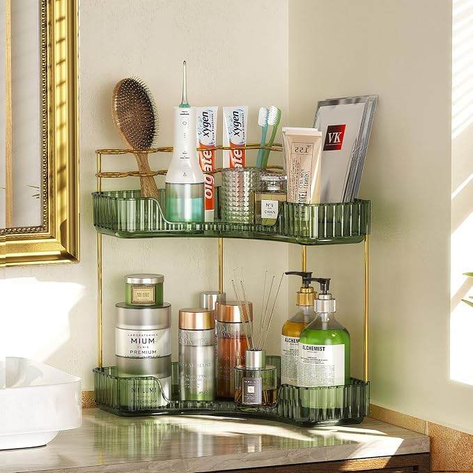 EUHOME 2-Tier Corner Bathroom Counter Organizer Makeup Cosmetic Storage, Tool-Free Installation Acrylic Vanity Shelf, Skin Care Organizer Perfume Tray for Countertop Bathroom, Dresser, Kitchen (Green) by EUHOME