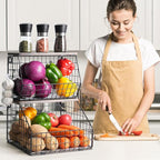 Mefirt Fruit Basket, Stackable Wall Mounted Fruit Baskets, Potato Baskets Onion Storage for Kitchen, Hanging Wire Basket with Wood Lid, 2-Tier Vegetable Organizer Kitchen Countertop Organization - Image 4
