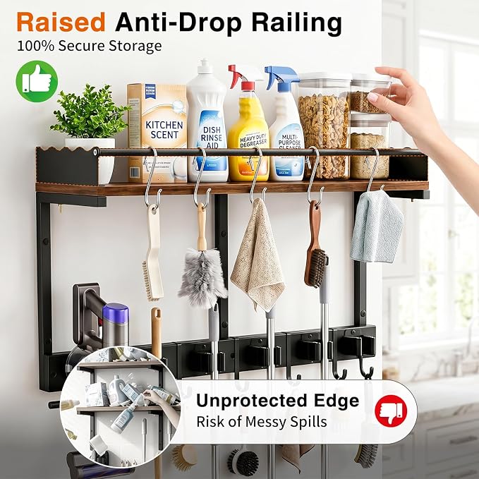 Broom Holder Wall Mount, Broom and Mop Organizer Wall Hanging with Vacuum Stand and & Hooks, Heavy Duty Laundry Organization & Storage, Utility Racks with Wood Shelf & Guard (S) - Image 2