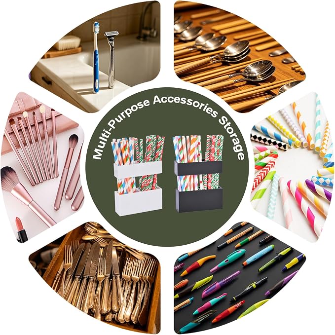 2 PACK Small Acrylic Straw Holder for Cabinet Doors，Straw Organizer Storage with Most Sizes，Multi-Function Kitchen Accessories Container with Adhesive Round Pads(BLACK AND WHITE) - Image 7