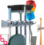 Combo 5 Slot Broom Holder w/ 1 Self Adhesive Mop Gripper No-Drilling, Wall Mount Tool Organizers For Kitchen, Garage, Laundry Room- Anti-Slip Hanger For Brooms, Mops, Rakes, Dustpans (Grey / White) by BerryAve