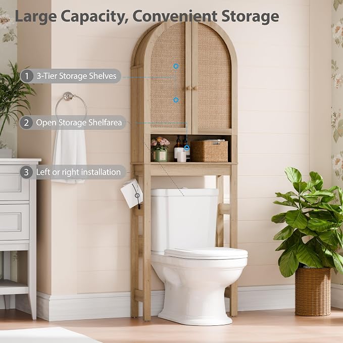 Over The Toilet Storage Cabinet, 23.7”W Modern Storage Cabinet Over Toilet with Rattan Doors, Arched Freestanding Over Toilet Rack with Adjustable Shelf for Bathroom, Nature - Image 6