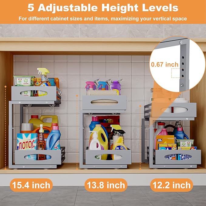 Under Sink Organizer, 2 Tier Under Sink Organizers and Storage, Adjustable Height, Slide out Metal Cabinet Organizers, Pull out Cabinet Storage Drawer Shelf for Kitchen Bathroom (Gray, 1 Pack) - Image 6