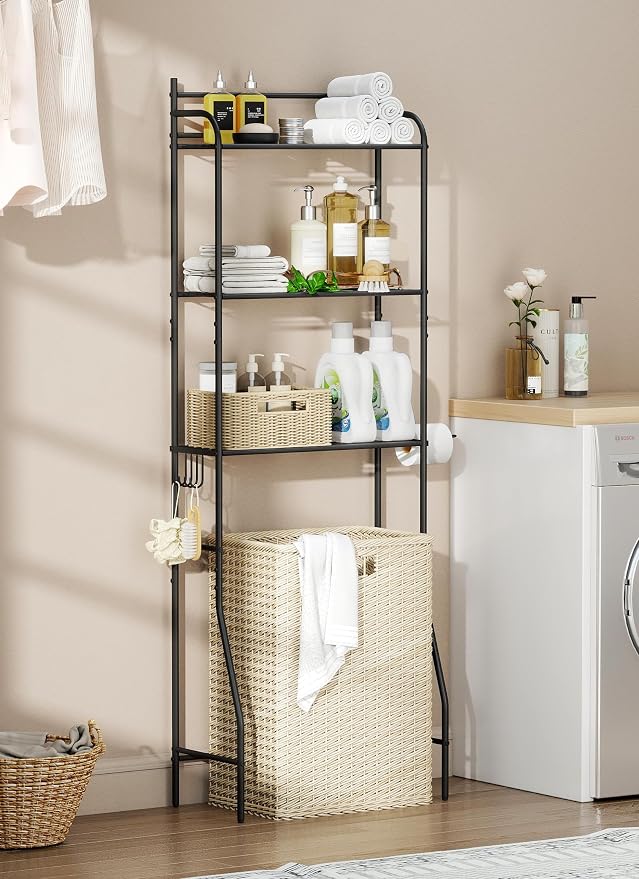 3-Tier Over The Toilet Storage, Bathroom Organizer, Space-Saving, Above Toilet Storage Rack with 4 Hooks and Paper Holder, Metal Shelf, Black - Image 7