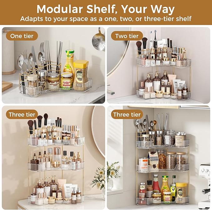 BEFSOP Corner Bathroom Counter Organizer, Upgraded 3-Tier Makeup Organizer Countertop with Makeup Brush Holder, Skincare Exquisite Vanity Organizers Countertop Bathroom Storage Dresser(CLEAR) - Image 6