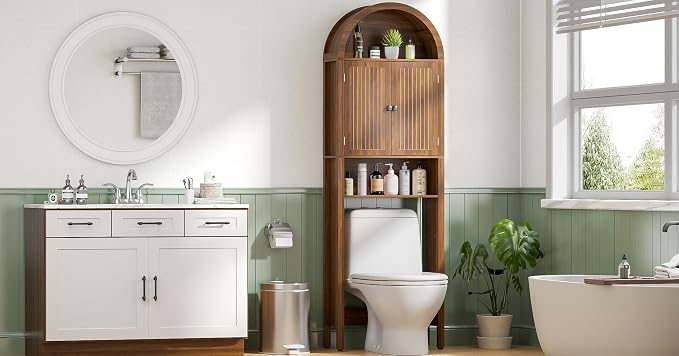 Arched Over The Toilet Storage Cabinet with Fluted Doors, 4 Tier Small Bathroom Shelf Organizer, Mid Century Modern Bathroom Cabinet with Adjustable Shelf, Slim Narrow Arch Toilet Rack, Walnut - Image 7