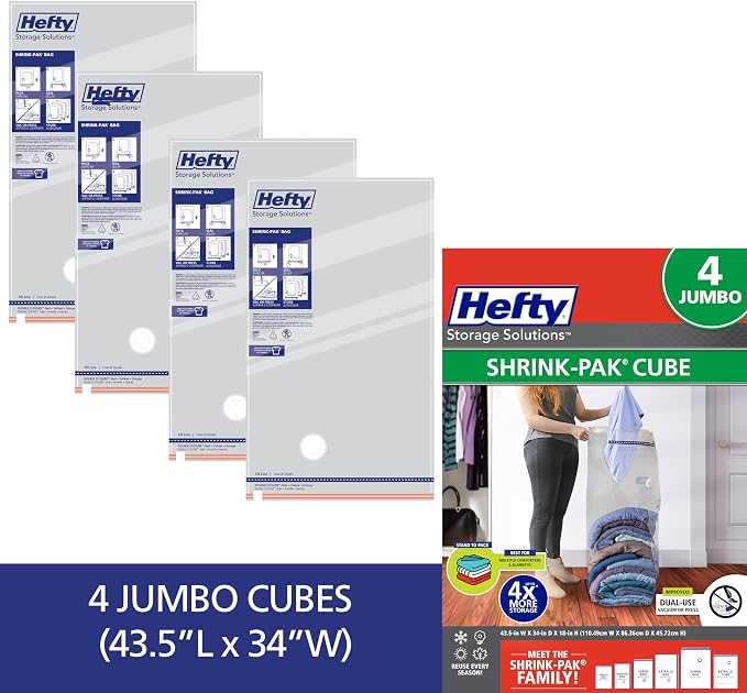 Hefty Shrink-Pak Vacuum Storage Bags – For Clothes, Pillows, Towels, Blankets & More – Space Saver Vacuum Suction Sealer Bags for Home or Travel – 4 Jumbo Cubes, 43.5 x 34 x 18 Inches - Image 6