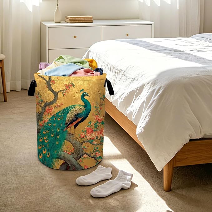 Peacock Laundry Basket Foldable Laundry Hamper With Handles Clothes Storage Bucket Organizer Laundry Bag For Bedroom Bathroom Laundry Storage 19.6 x 15.7 - Image 6
