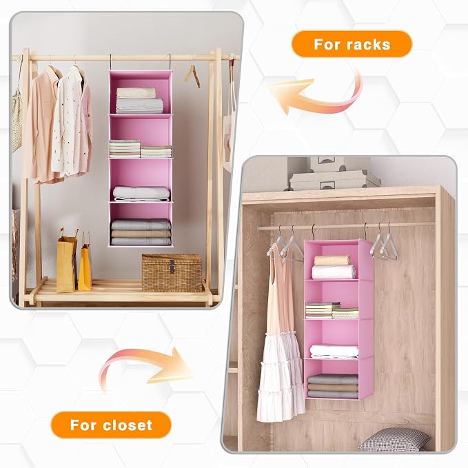 Hanging Closet Organizer 4-Shelf, Oxford Fabric Wardrobe Storage, Pink | Easy-mount foldable design holds clothes, handbags, shoes & accessories; washable Oxford fabric, sturdy and space-saving. - Image 5