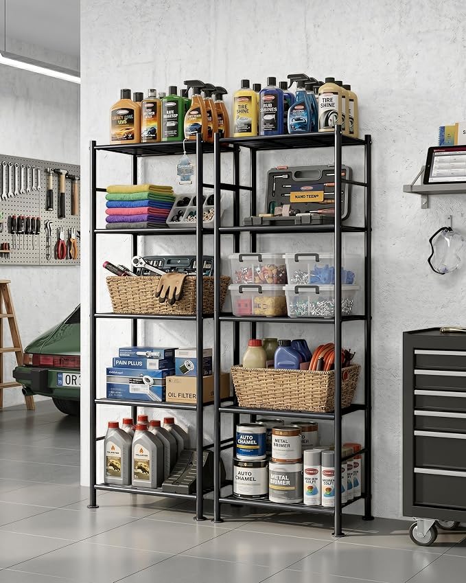 Sakugi Storage Shelves - Set of 2, 5-Tier Metal Shelf Organizer, Space-Saving Garage Shelving with Leveling Feet, Standing Shelves Organizer for Kitchen, Laundry, Pantry (18.4" x 12.6" x 57.4", Black) - Image 8