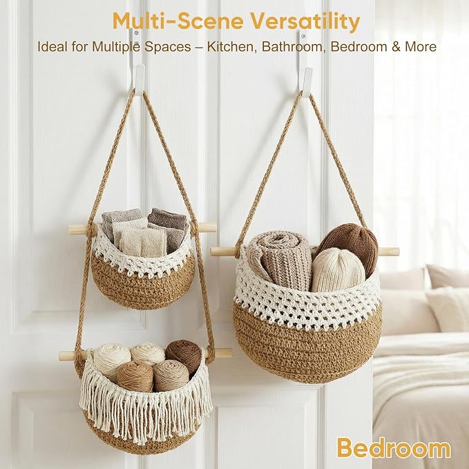Boho Style Handwoven Rope Hanging Basket - 3-Tier Detachable Storage Organizer for Kitchen/Bathroom/Entryway, 3 Included Heavy-Duty Hooks, 7 Color Options Available (Green) - Image 6