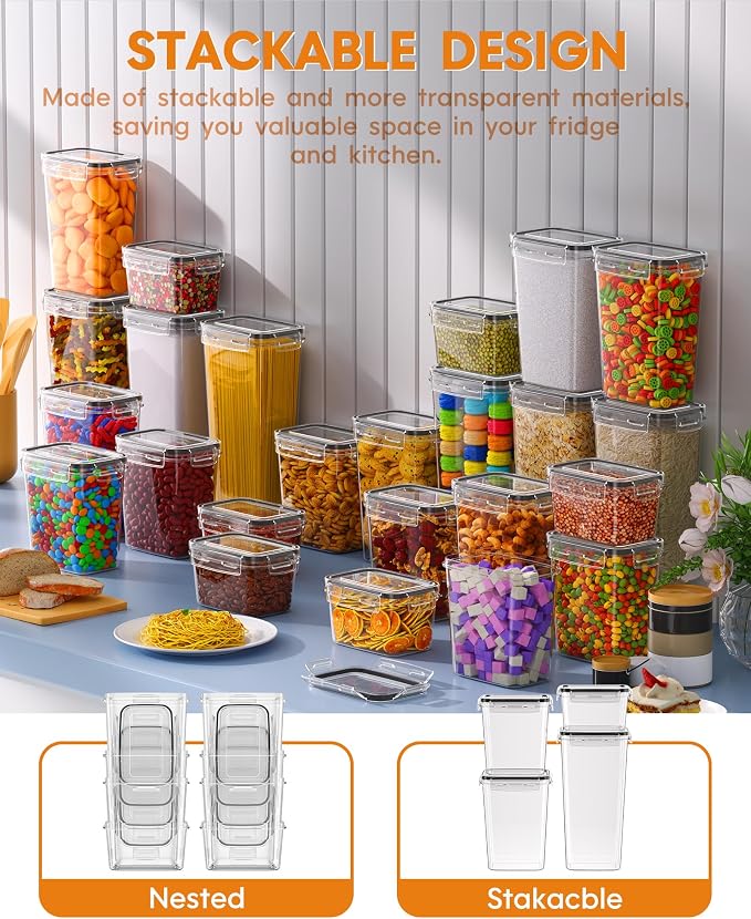 KEMETHY 36 PCS Airtight Food Storage Containers with Lids, Kitchen Pantry Organization and Storage, BPA-Free Plastic Scale Food Canisters for Cereal, Flour, Sugar, Dry Food, Include Labels & Marker - Image 6
