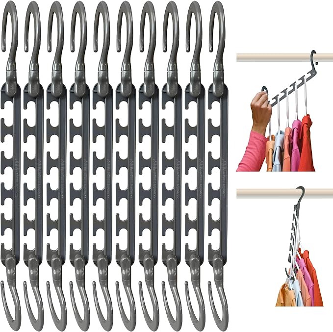 Wonder Hanger Max Space Saving Closet Hangers, 10-Pack, 360° Swivel, Grey | Cascading closet hangers organize shirts, pants and accessories vertically to save space; foldable 360° swivel design by WONDERHANGER
