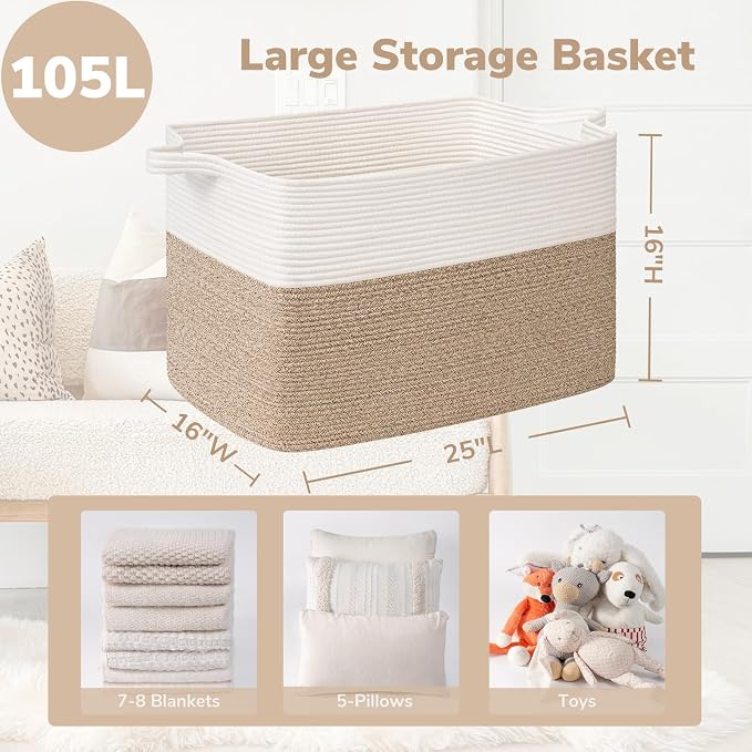 Goodpick 105L Extra Large Woven Rope Blanket Basket, White & Light Brown - Image 3