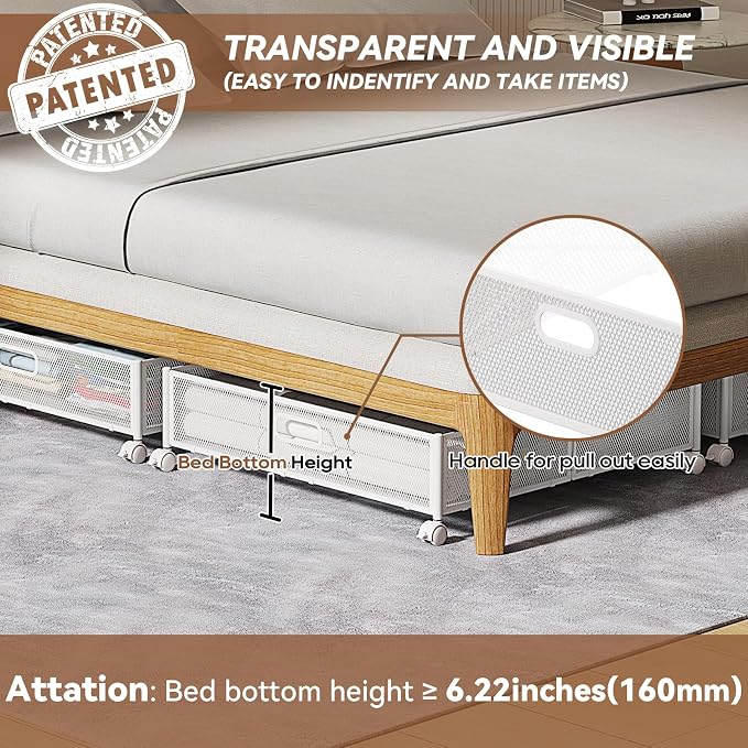 PHINOX Under Bed Storage with Wheels & Handle,Metal,Large,2 Pack,White | Tool-free assembly, glide smoothly, easy reach, foldable, maxmazie low-profile beds, dorm, keep seasonal clothes, shoes fresh - Image 4