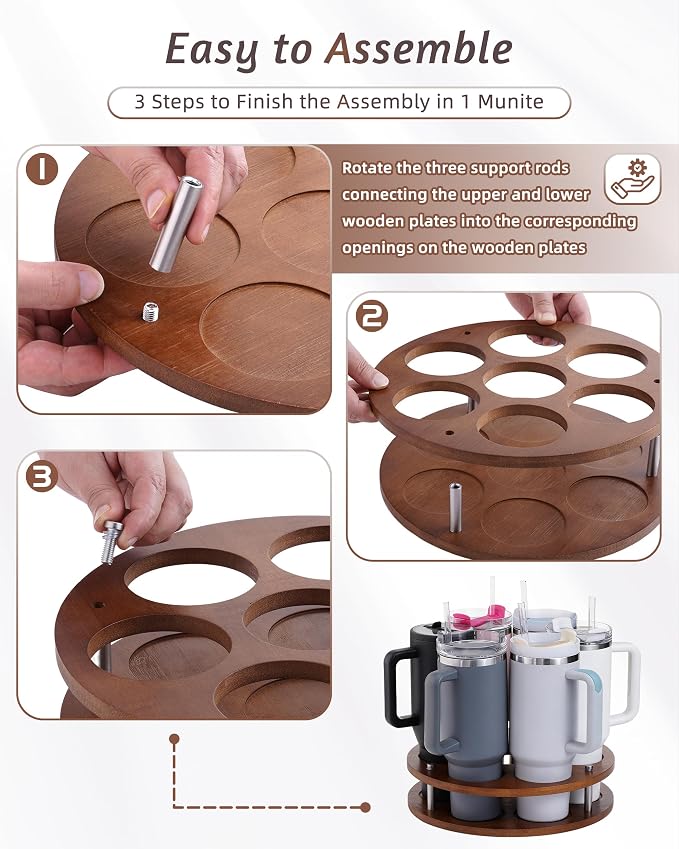 Rotating Wood Tumbler Organizer, 30 oz 40 oz Spinning Turnable Tumblers Holder, 360° Rotatable 7 Large Cups Bottle Tumbler Storage Display Stand, Rotate Syrup Organizer for Cabinet Countertop - Image 3