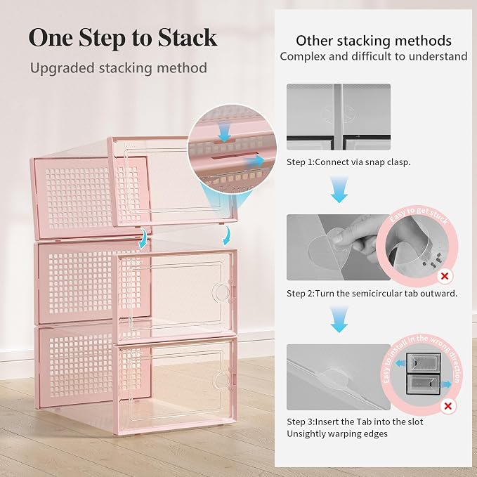 Kuject X-Large Shoe Storage Boxes 12 Pack, Clear Stackable Shoe Organizer | Shoe Case for Closet, Entryway & Under-Bed Storage, Drop-Front Design, Space-Saving Solution for Family Organization,Pink - Image 4