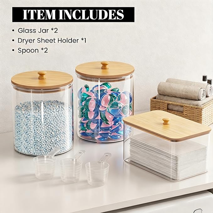 HomePekite Glass Laundry Pods Storage Container & Acrylic Dryer Sheet Holder, Laundry Room Organization and Storage, Detergent Powder Container, with Wooden Lids & Labels, 2+1 Pack - Image 4