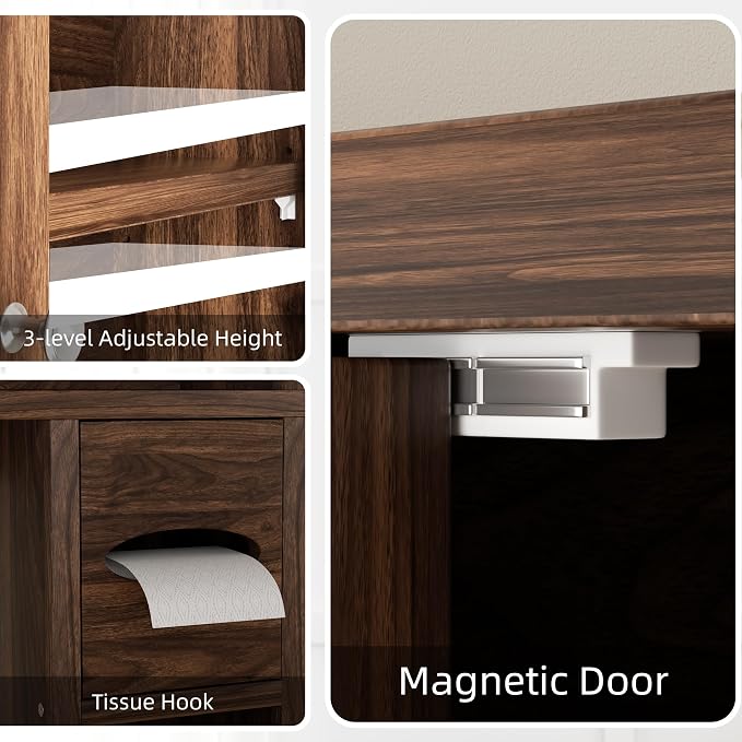 Shintenchi Over the Toilet Storage Cabinet, Bathroom Storage Cabient with Barn Doors, Bathroom Storage Shelf Organizer with Toilet Paper Holder, Adjustable Shelf and Anti-Tip Device, Walnut - Image 7